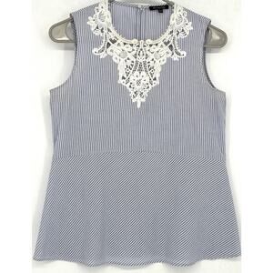 Massimo Dutti Blue Wht Stripe Lace Bib Sz 4 Eu 38 Slvls Peplum Keyhole Textured